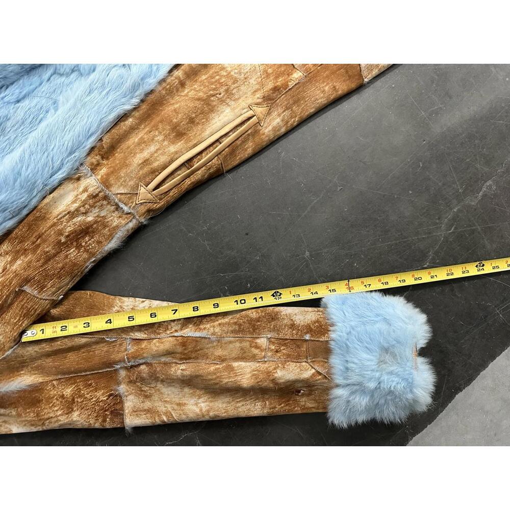 Vintage Long Rabbit Fur Trimmed Coat with Blue Accents - Size small to medium - Picture 6 of 8